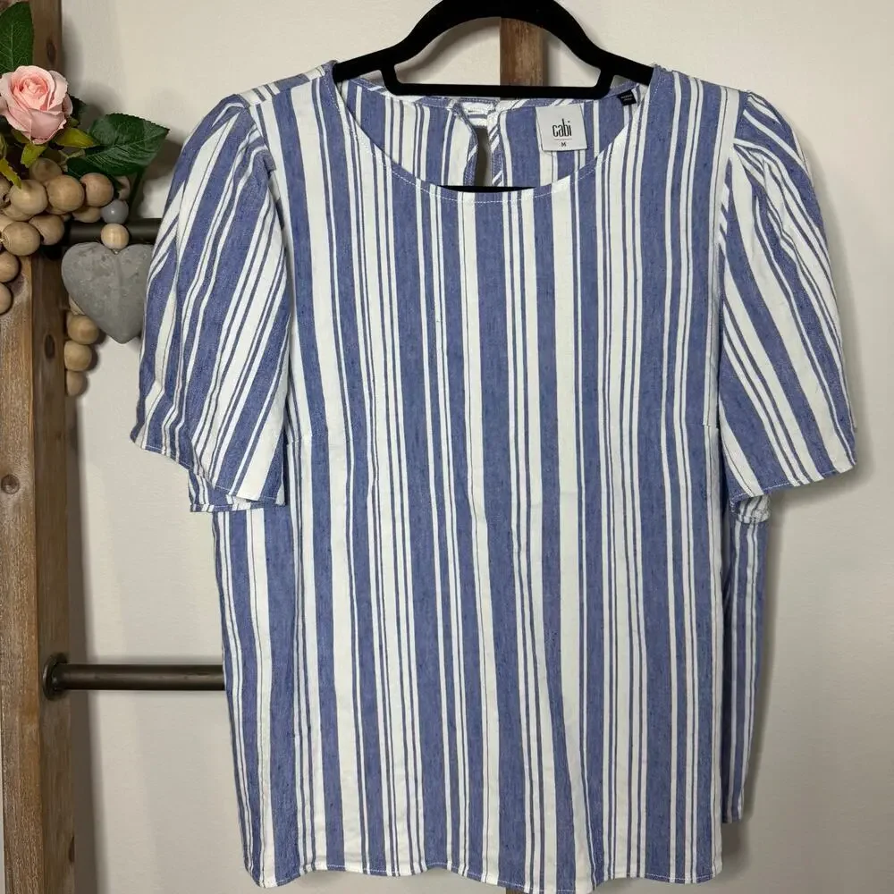 Cabi Style 5343 Blue White Short Sleeve Linen Blouse Size Medium‎ - Picture 3 of 8